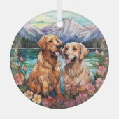 Stained Glass Two Golden Retriever Dogs ガラスオーナメント (正面)