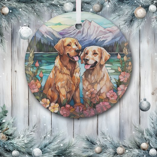 Stained Glass Two Golden Retriever Dogs ガラスオーナメント
