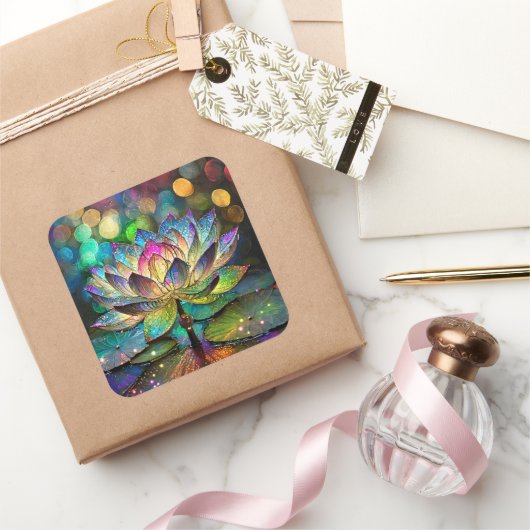 Stained Glass Vibrant Lotus Flower スクエアシール (ギフト)