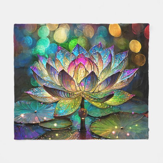 Stained Glass Vibrant Lotus Flower フリースブランケット (正面(横))