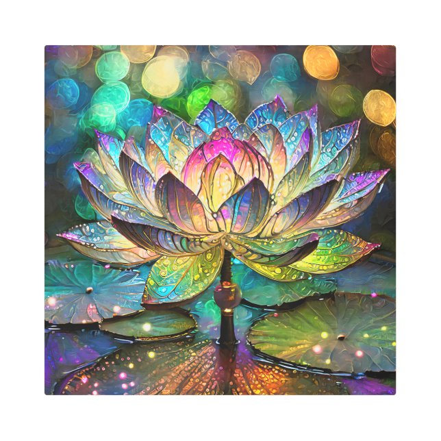 Stained Glass Vibrant Lotus Flower メタルプリント (正面)