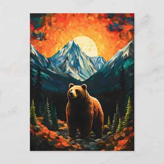 Stained Glass Wildlife Mountain Sunset Bear 案内ポストカード (正面)