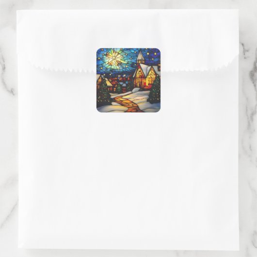 Stained Glass Winter Village スクエアシール (バッグ)