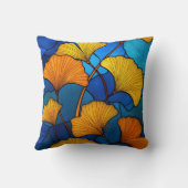 Stained glass yellow ginkgo leaves on blue クッション (裏面)