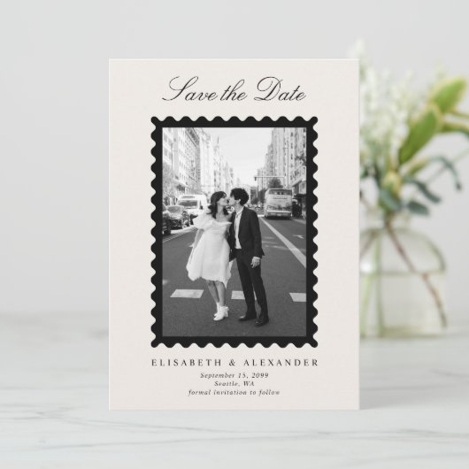Stamp Style Modern Ivory One Photo Save the Date 招待状 (スタンド正面)
