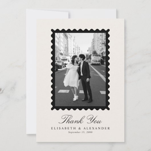 Stamp Style Modern Ivory One Photo Thank You Card 招待状 (正面)
