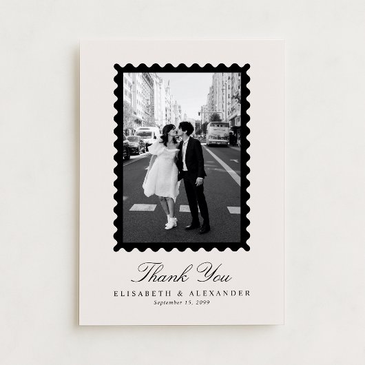 Stamp Style Modern Ivory One Photo Thank You Card 招待状