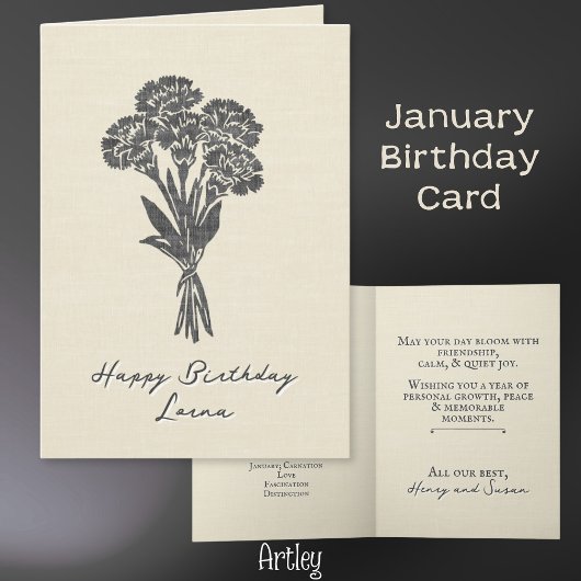Stamped Carnation January Birth Flower Linen カード
