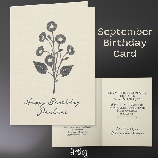 Stamped Morning Glory September Birth Flower Linen カード
