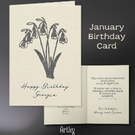 Stamped Snow Drop January Birth Flower Linen カード