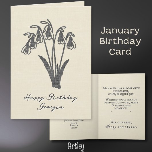 Stamped Snow Drop January Birth Flower Linen カード