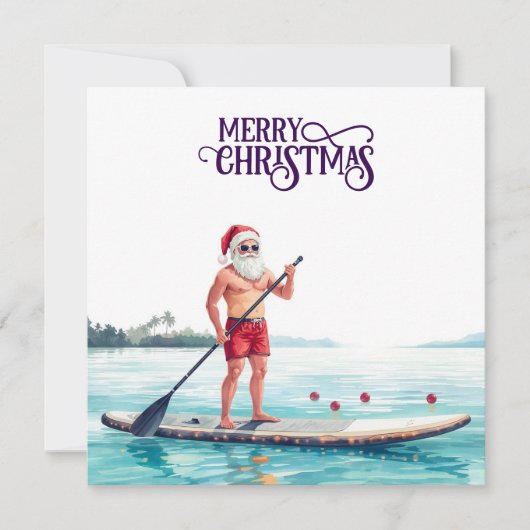 Stand-Up Paddle Santa — Coastal Christmas Holiday シーズンカード (正面)