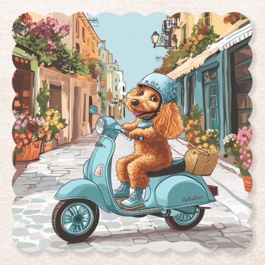 Standard Poodle Dog Riding Scooter ペーパーコースター (正面)