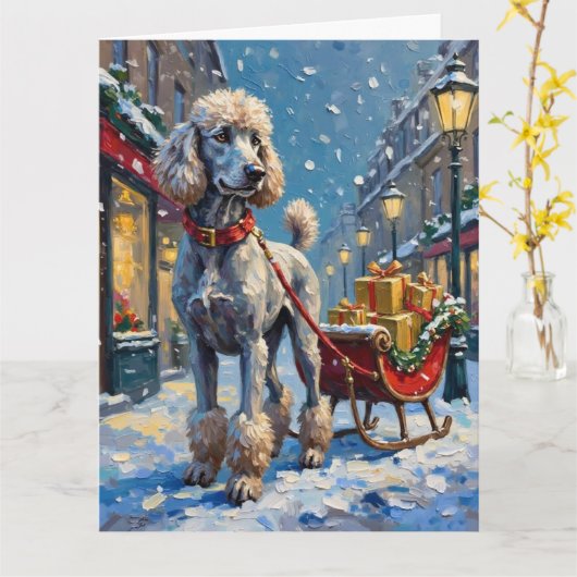 Standard Poodle French Sleigh Christmas カード (黄色い花)