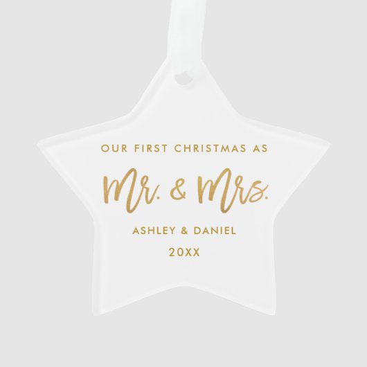 Star金ゴールドのブラシの原稿の初めてのクリスマスの氏夫人 オーナメント (裏面)