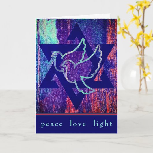 Star of David and Peace Doves Happy Hanukkah カード (黄色い花)