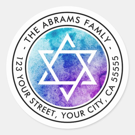 Star of David blue water color差出人住所 ラウンドシール (正面)