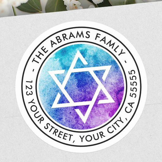 Star of David blue water color差出人住所 ラウンドシール