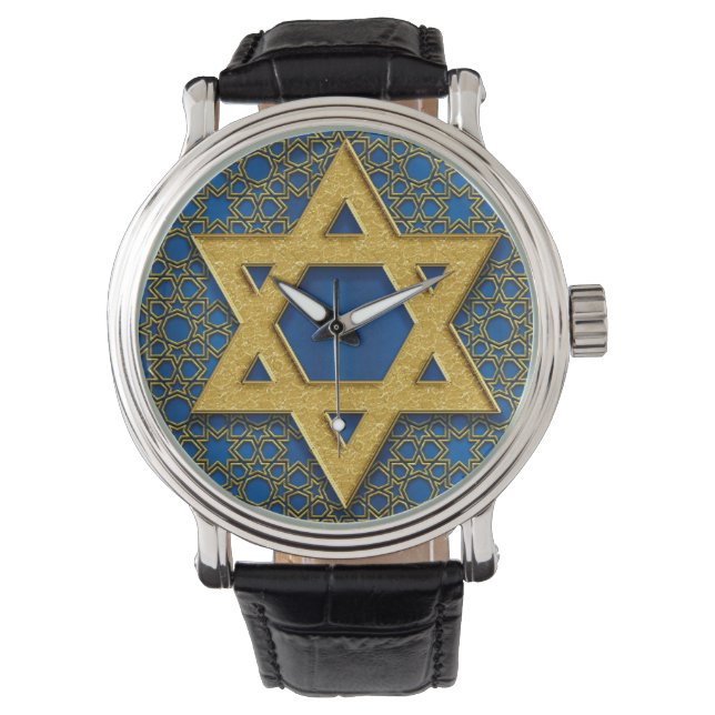 Star of David, Hanukkah Pattern Holiday Gift 腕時計 (正面)