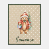 Star pattern christmas bear green beige name フリースブランケット (正面)
