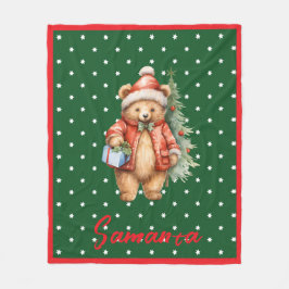 Star pattern christmas bear green red name フリースブランケット