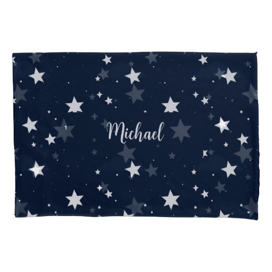 Star Pattern Pillow Cover with Custom Name - Blue  枕カバー (正面)