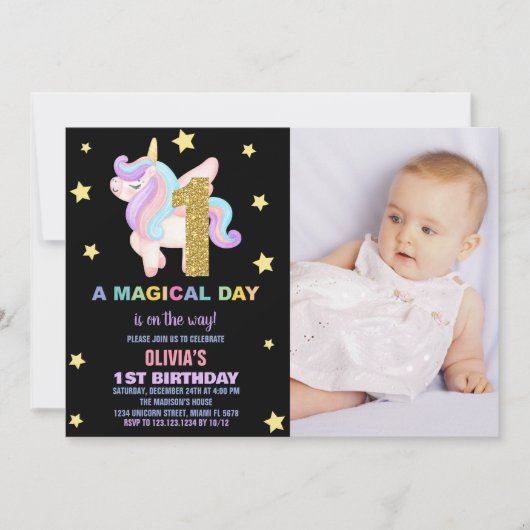Star Rainbow Unicorn誕生日招待状w photo 招待状 (正面)