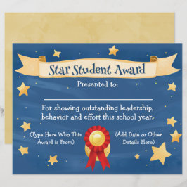 Star Student Award Certificate School Kids 8.5x11