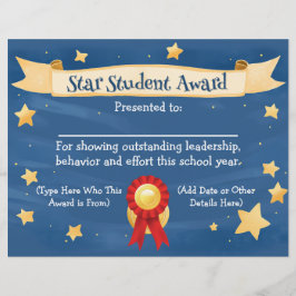 Star Student Award Certificate School Kids 8.5x11