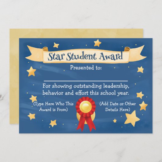 Star Student Award Certificate School Kids 8.5x11 案内状 (正面/裏面)