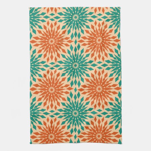 Starburtのファンキーなティール(緑がかった色)及びオレンジデザイン キッチンタオル (縦)