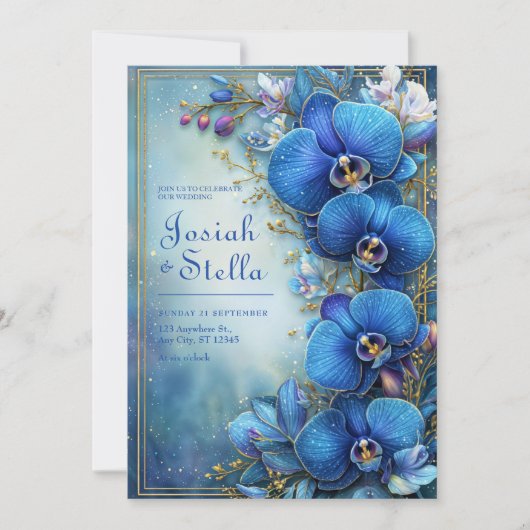 Stardust Cobalt Gilded Orchid Botanical Wedding 招待状 (正面)