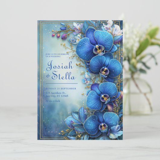 Stardust Cobalt Gilded Orchid Botanical Wedding 招待状 (スタンド正面)