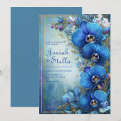 Stardust Cobalt Gilded Orchid Botanical Wedding 招待状 (正面/裏面)