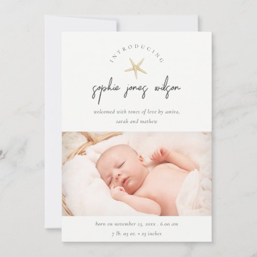 Starfishのミニマルスクリプト写真の誕生のお知らせ サンキューカード (正面)