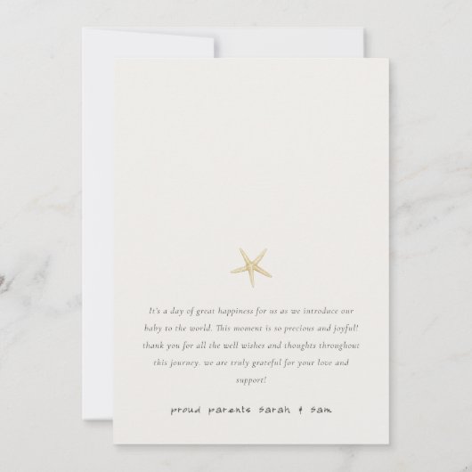 Starfishのミニマルスクリプト写真の誕生のお知らせ サンキューカード (裏面)