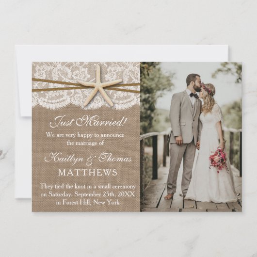 Starfishの素朴ビーチ結婚式写真の結婚 案内状 (正面)