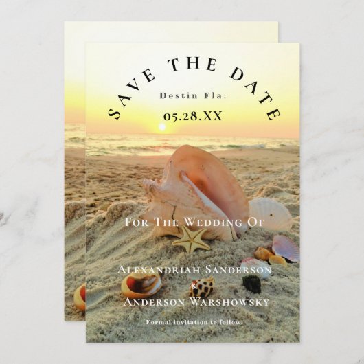Starfish名航海の前ビーチサンセット日付の保存 招待状 (正面/裏面)