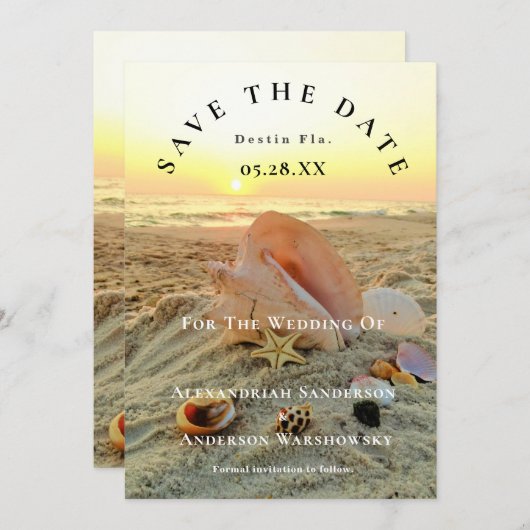 Starfish名航海の前ビーチサンセット日付の保存 招待状 (正面/裏面)