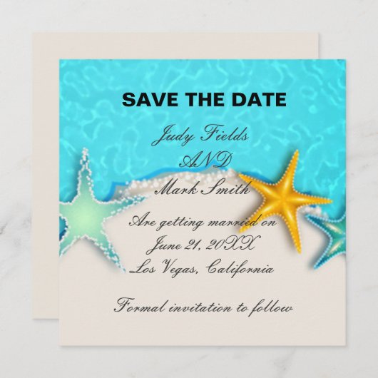 Starfish夏かわいらしビーチ日付カードの保存 招待状 (正面/裏面)