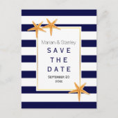 Starfish & ストライプビーチ結婚式日付の保存 案内ポストカード (正面)