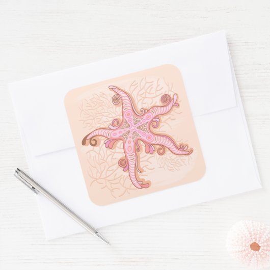 Starfish and Coral Pink Pastel Pattern スクエアシール (封筒)