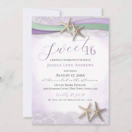 Starfish and Lace Sweet 16 招待状 (正面)