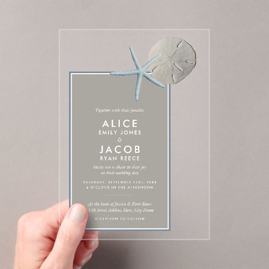 Starfish and Sand Dollar - Beach Wedding アクリル招待状 (インサイチュ (ポータブル))