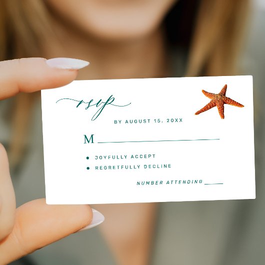 Starfish aquaティール(緑がかった色)スクリプト宛先ウェディングRSVP ノートカード