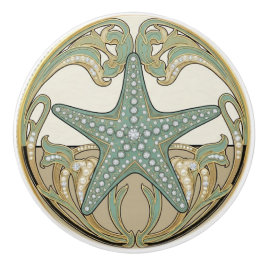 Starfish Green Cream & Gold Art Deco Nouveau セラミックノブ