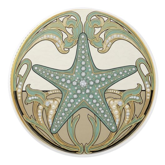 Starfish Green Cream & Gold Art Deco Nouveau セラミックノブ (正面)