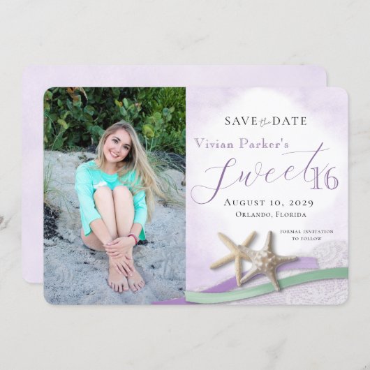 Starfish Lace Sweet 16 Save the Date with Photo (正面/裏面)