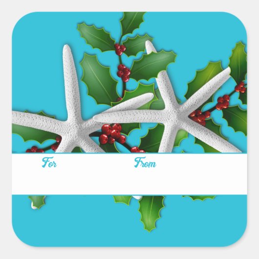 Starfish n Hollyクリスマスギフトステッカーアクア スクエアシール (正面)
