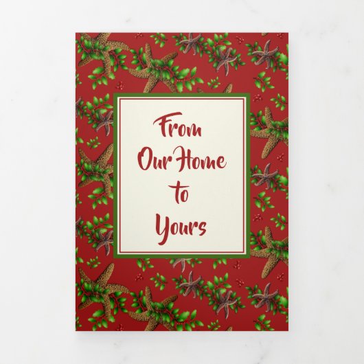 Starfish n Holly 2枚の大きな写真がクリスマスを飾った 三つ折りクリスマスカード (カバー)